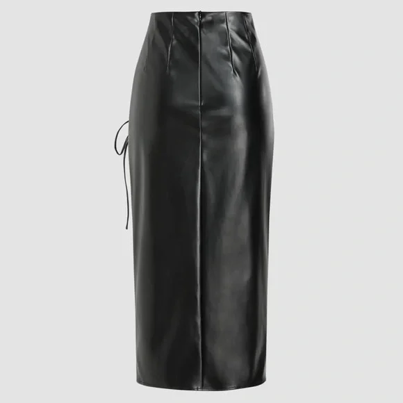CIDER FAUX LEATHER HIGH WAIST DRAWSTRING SPLIT MAXI SKIRT BLACK SIZE LARGE - Picture 2 of 7